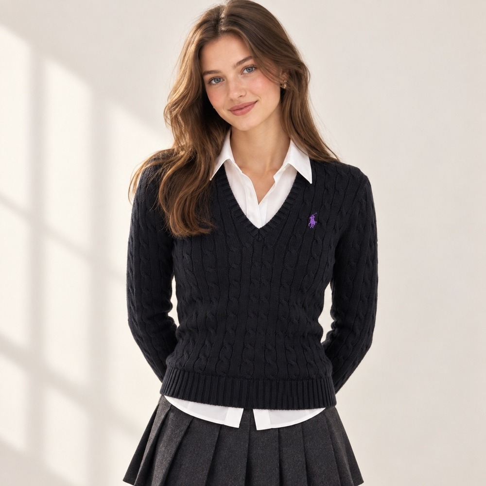 Ralph Lauren Sport Black Cotton Cable Knit V Neck Sweater S Purple Pony Preppy